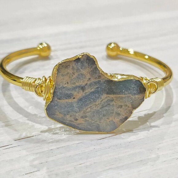 Ocean Jasper Wire Wrap Cuff – 14Kt Gold Over Copper – Emotional Flow Talisman - Picture 5 of 6